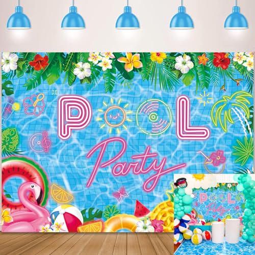 Pool Party Backdrop Summer Beach Ball Decorations Banner Tropical Palm Tree Flower Photography Background Birthday Swimming Party Decor Photo Booth Props (7x5FT（210x150cm）) - size: 7x5FT（210x150cm）