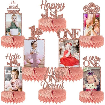 Guiruiy 8Pcs 1st Birthday Decorations Honeycomb Centerpieces for Girls, Pink Rose Gold Glitter First Birthday Photo Table Centerpieces Party Supplies, Pink Sweet One Bday Photo Table Topper - style: Rose Gold 1st