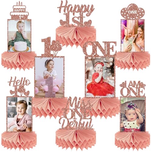 Guiruiy 8Pcs 1st Birthday Decorations Honeycomb Centerpieces for Girls, Pink Rose Gold Glitter First Birthday Photo Table Centerpieces Party Supplies, Pink Sweet One Bday Photo Table Topper - style: Rose Gold 1st