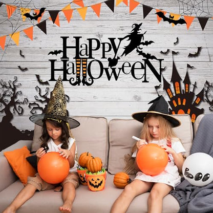 Mocsicka Happy Halloween Backdrop Spider Web Witch and Flying Bats Photography Background Wooden Floor Halloween Party Cake Table Decoration Banner Photo Booth Props (8x6ft) - size: 8x6ft
