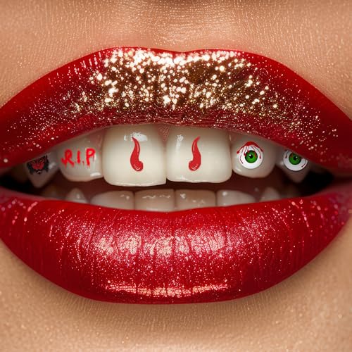 Halloween Tooth Bling Tattoo – Temporary Tooth Gem Kit for Teeth – Safe for Teens & Adults, Removable Fun Fake Tooth Tattoo Stickers for Halloween Costume, Party & Cosplay (Bloody) - color: Bloody