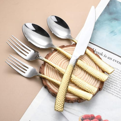 Hammered Silverware Set For 4,Forks and Spoons 18/10 Stainless Steel Heavy Duty Silverware Gold Cutlery Set 20 Piece Flatware Set,Mirror Polished,Dishwasher Safe (20 pcs gold) - color: 20pcs Gold