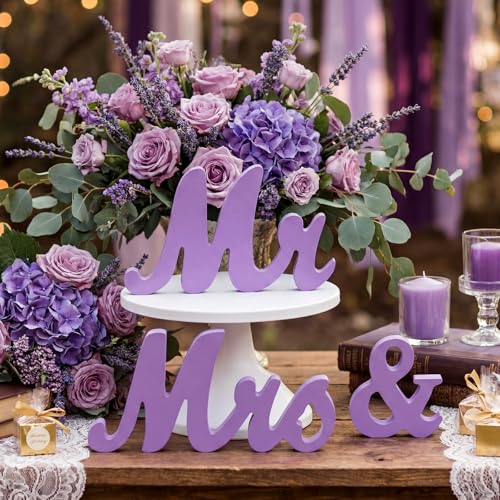 AceOrbit Purple 3 Pcs Mr & Mrs Sign Table Decor Sweetheart Mr and Miss Wooden Letters Freestanding Wedding Sign Rustic Table Centerpieces for Wedding Party Photo Booth Props Decorations Supplies - color: Purple