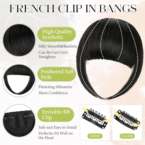 Bangs Hair Clip in Bangs, French Natural Black Fake Bangs Hair Clip on Bangs for Women Fringe with Temples Hairpieces Faux Bangs for Daily Wear - color: Natural Black