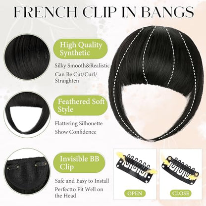 Bangs Hair Clip in Bangs, French Natural Black Fake Bangs Hair Clip on Bangs for Women Fringe with Temples Hairpieces Faux Bangs for Daily Wear - color: Natural Black