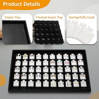 Ikee Design 2 Pcs Set Black Earring Display Tray with 50 Earring Cards Organizer, Jewelry Tray Display for Stud Earring Collection, 100pcs Earring Puffy Cards, 14 3/4W x 8 1/4D x 1H in, White, Black - color: Small Earring Card