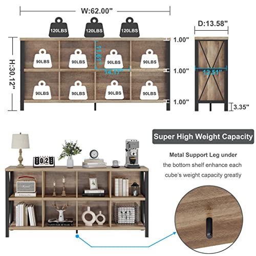 FATORRI 8 Cube Storage Organizer Bookshelf, 62 Inch Rustic Wood Horizontal Bookcase, Industrial Long Book Shelf for Living Room (Rustic Oak) - color: Rustic Oak
