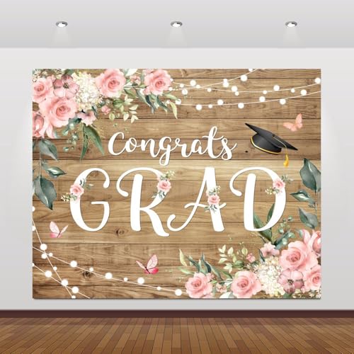 Graduation Congrats Grad Photography Backdrops 8x6ft Vinyl Boho Floral Flower Wood Board Class of 2025 Backdrop Background Party Background Banner Supplies Photo Booth Props for Prom Party - size: 8′x6′
