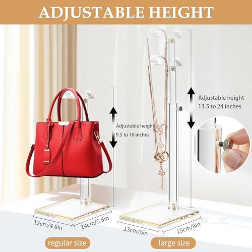 2Pcs Purse Display Stands, Height Adjustable10"-16"+14"-24", Acrylic Handbag Stands for Display, Clear Holder for Purse Evening Bag Clutch, Bag Table Rack, Purses Hanging Organizer for Closet Retail Vendor - size: 2-Pack, M (9.5"-16") + L (13.5"-24")