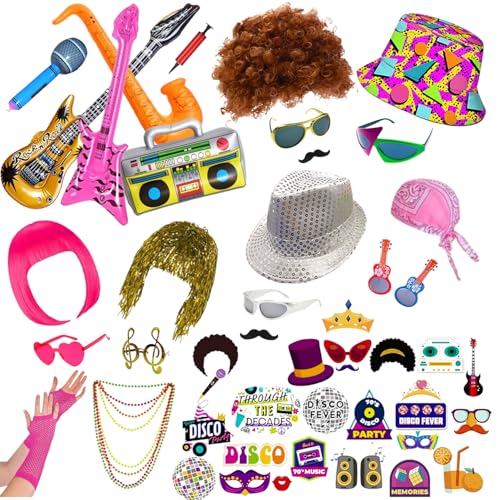 50 Pcs Rock Party Photo Booth Props Set for Adults, Funny Rock Star Party Sunglasses, Hats, Wigs, Inflatable, Photo Booth Props Kits for Graduation, Wedding, Birthday, Bachelorette and All Occasions