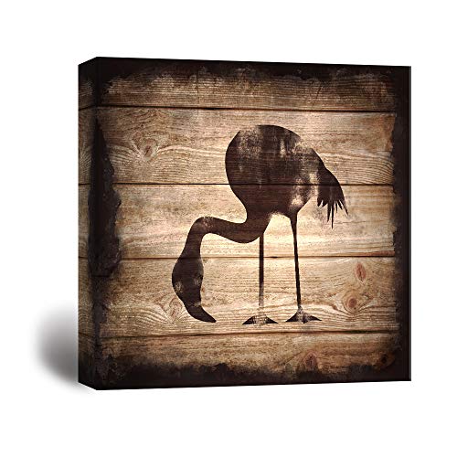 wall26 - Square Canvas Wall Art - Flamingo Silhouette on Rustic Wood Board Texture Background - Giclee Print Gallery Wrap Modern Home Art Ready to Hang - 12x12 inches - color: Flamingo - 06, size: 12"L x 12"W