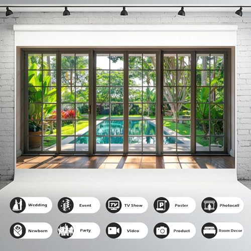 Window Scenery Photography Backdrop Windowsill Backyard with Pool and Garden Background Tropical Plants Photocall Background Party Banner Wall Decor Baby Kids Family Photo Shoot Props 5x3ft - color: Green_Brown, size: 5x3ft