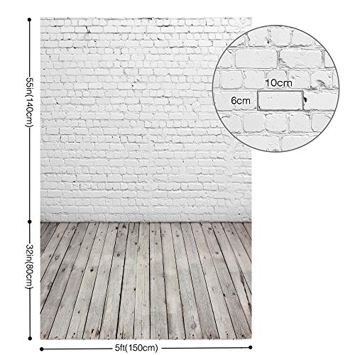 HUAYI 5X7ft White Brick Wall with Gray Wooden Floor Photography Vinyl Backdrop D-2504 - size: 5x7ft-econvinyl