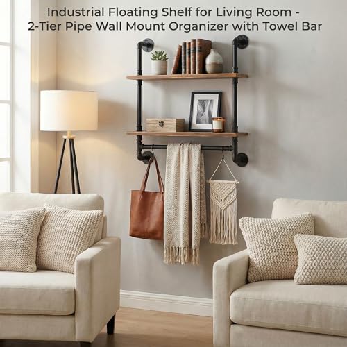 ROGMARS Industrial Pipe Shelving Bathroom Pipe Shelves with Towel Bar Over Toilet, 24 inch Pine Wood Floating Shelves for Wall Mounted Bedroom,Kitchen, Farmhouse, Living Room - color: Rustic Brown, size: 24 Inch 2 Tier