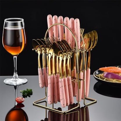 24 Pieces Flatware Set, Stainless Steel Cutlery Set with Silverware Holder, Modern Gold Silverware Set Includes Dinner Knives Forks Spoons,Hanging Silverware Set Service for 6 (Pink Gold) - color: Pink Gold