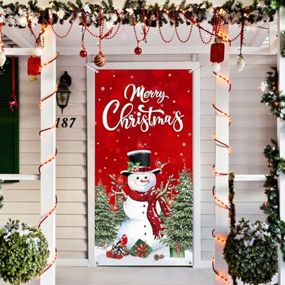 Irenare Christmas Front Door Cover Merry Christmas Door Decorations Red Snowman Xmas Tree Backdrop Banner Winter Holiday Background for Porch Wall Xmas Party Supplies, 70.9" X35.4" - style: Snowman