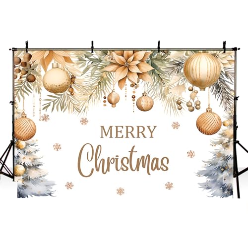 MEHOFOND Merry Christmas Backdrop Christmas Party Decorations Banner Xmas Gold Glitter Xmas Balls Snowflake Photography Background Winter New Year Eve Festival Party Supplies Photo Booth Props 7x5ft