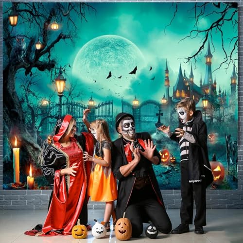 Happy Halloween Party Photo Background - 10x8ft Scary Cemetery Graveyard Skeleton Spooky Ghost Banner Decorations for Kids & Adults - size: 10x8ft