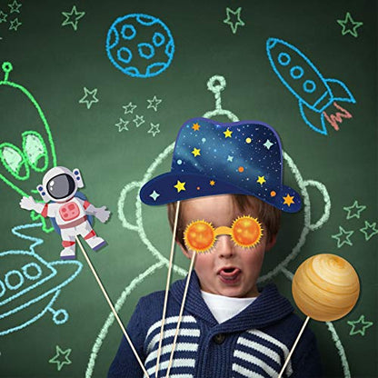 25Pcs Outer Space Party Photo Booth Props, Galaxy Selfie Props Astronaut & Planet Prop Outer Planet Birthday Party Supplies for Galaxy Astronaut Photography Backdrop Decor