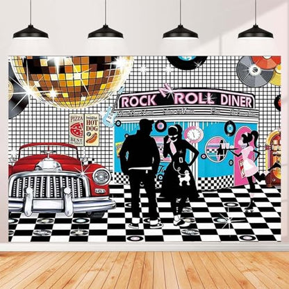 Disco Retro Style Photo Backdrop - 50's Rock Roll Prom Dance Birthday Diner Party Decor - Classic Car Party Decoration Banner, 5x3FT - size: 5X3FT