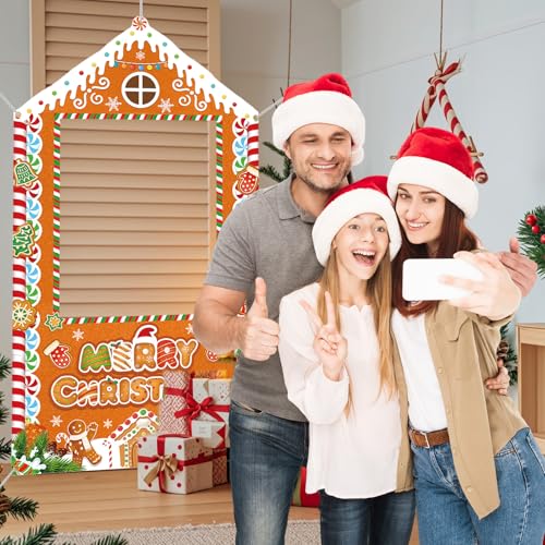 Christmas Party Decorations Christmas Photo Booth Backdrop Large Gingerbread House Xmas Photo Background Banner for Holiday Party, Indoor Outdoor for Family Gathering Office, Classroom Home Décor