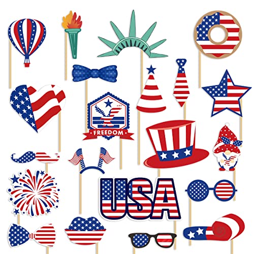 4th of July Photo Booth Props, USA Independence Day Patriotic Party Decorations Selfie Photobooth Props for Photoshoot, Patriotic Cutouts for American Pride, Memorial Day, Veterans Day(21Pcs)
