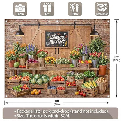 8x6ft Fabric Farmers Market Backdrop Fresh Vegetables Flowers Wooden Barn Spring Photography Background Baby Shower Birthday Party Decorations Photo Banner Props - size: 8'x6'