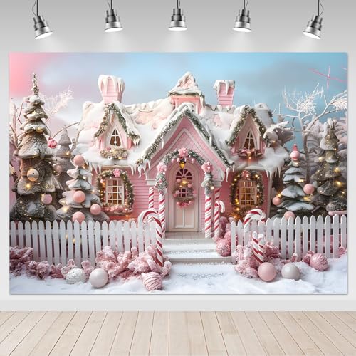 Mocsicka Pink Christmas Backdrop Christmas House Cane Candy Winter Christmas Party Photography Decoration Background Holiday Party Photo Prop Supplies (6x4ft) - size: 6x4ft