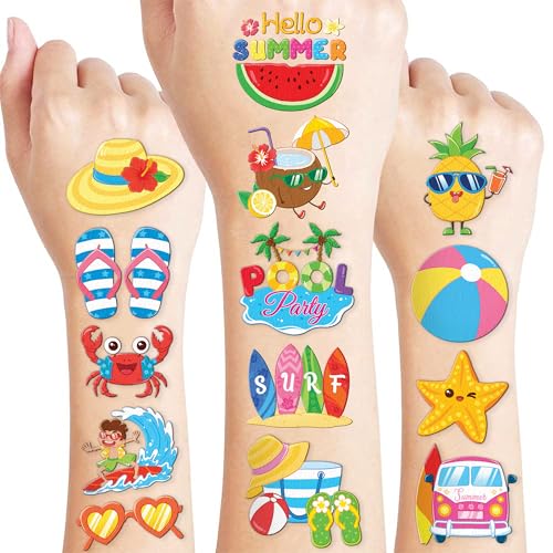 96 PCS Hello Summer Beach Pool Hawaiian Pre-Cut Temporary Tattoos for Kids | Super Cute Themed Birthday Party Favors, Supplies, Decorations, Fake Tattoo Stickers (Multiple) - color: Multiple