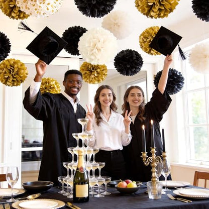 NICROLANDEE Black and Gold Party Supplies for 2026 Graduation - 12PCS Tissue Pom Poms 12" Decorative for Graduation, Wedding, Milestones Birthday for Men Women, Retirement Party, New Years Eve Party - style: Black Gold