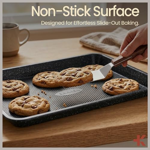 Diamond Bottom Cookie Sheet Set of 2, Nonstick Gray Marble Carbon Steel Baking Pans for Crisp Baking, Space-Saving Stackable Trays, PFOA, PFOS, PTFE Free, Oven Safe Up to 450°F, Small & Medium Pans - color: Gray Marble, size: Pack of 2