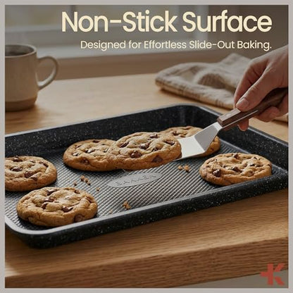 Diamond Bottom Cookie Sheet Set of 2, Nonstick Gray Marble Carbon Steel Baking Pans for Crisp Baking, Space-Saving Stackable Trays, PFOA, PFOS, PTFE Free, Oven Safe Up to 450°F, Small & Medium Pans - color: Gray Marble, size: Pack of 2
