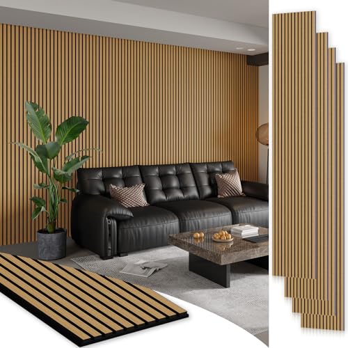 Smartstandard 4 Pack 106" x 12.6" Wood Slat Wall Panels, Soundproof Wooden Wall Panels, Acoustic Wood Panels for Wall, 3D Fluted Wooden Panels for Interior Wall Decor, American Oak - color: American Oak, size: 106" x 50.4"
