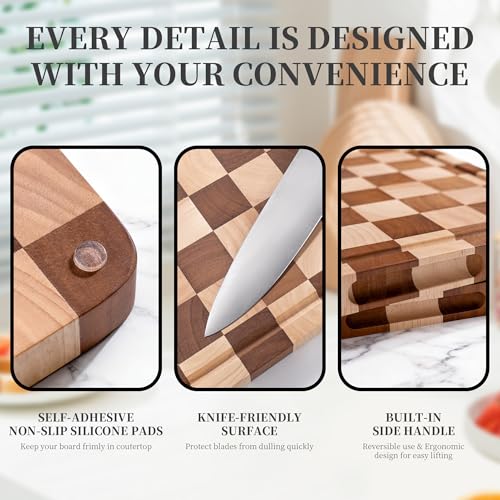 WILLKOMMEN Checkered Cutting Board for Kitchen– Wood Checkerboard End Grain Chopping Board 1" Thick Wooden Butcher Block with Juice Groove & Handle, Reversible for Cooking and Serving (Square) - style: Square Checkerboard-1 pack