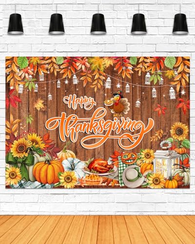 Mocsicka 7x5ft Happy Thanksgiving Banner Backdrop Fall Rustic Wood Wall Thanksgiving Photo Backdrop Pumpkin Harvest Turkey Friendsgiving Party Decorations Photo Booth Props - size: 7x5ft (82x60 inch)