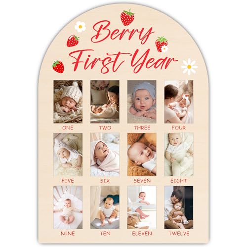 Strawberry My First Year Photo Board, Berry First Year Baby Milestone Signs for Boys Girls Nursery Decor, 12 Month Wooden Picture Board for 2x3 Photos, Best Babies Keepsake Gifts-A16 - color: Strawberry 2