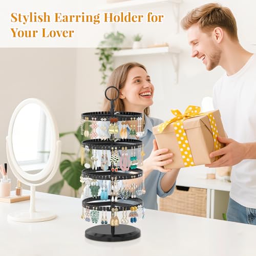 EsLuker.ly Earring Holder Organizer Rotating Stud Display Tree Rack with 228 U-Slots for Women Girls, Large Adjustable 4 Tier Plastic Storage Stand with Metal Tray for Pierced Hoop Post Earring, Black - color: Solid Black