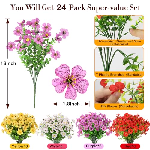 MERIXMAS 24 Bundles Artificial Flowers for Outdoors Decorations, Fake Flowers Artificial Plants Outdoor, Colorful Daisy Eucalyptus Realistic UV Resistant for Garden Patio Porch Home Decor - color: Multi Color