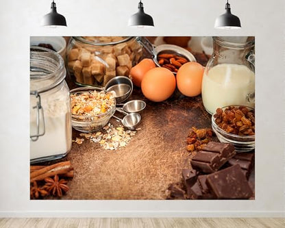 Trykid 8x8ft Baking Ingredients Rustic Table Backdrop Gourmet Food Photography Background Cooking Class Food Festival Bakery Opening Party Decoration Photo Booth Prop Fabric - size: 8x8ft