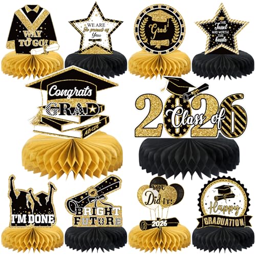 10PCS Graduation Party Decorations Class of 2026 Congrats Grad Table Centerpieces Congratulate Graduation Honeycomb Table Toppers for Graduation Party Supplies(Black Gold) - color: Gold Black