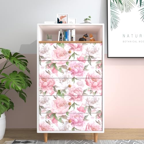 Laatse Pink Floral Contact Paper 17.5" x 118" Peel and Stick Wallpaper Vintage Rose, Vinyl Self Adhesive Waterproof Boho Wall Paper for Drawers Bookcase Shelf Liner Countertop Walls Decor - color: Pink&White, size: 17.5" x 118"