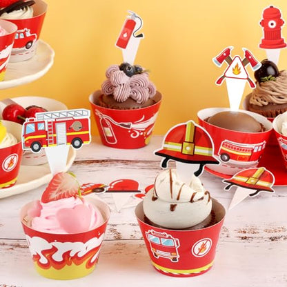 48 Pack Fire Truck Cupcake Toppers and Wrappers, Firefighter Fireman Party Cake Decoration for Firefighting Theme Birthday Party Baby Shower Supplies - style: Fire Truck