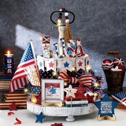FoldTier 18 Pcs 4th of July Tiered Tray Decor Set Rustic Patriotic Independence Day Decoration Glow Vintage Farmhouse 4th of July Tiered Tray Sign Wooden Red White Blue Decor for Table(Star) - style: Star