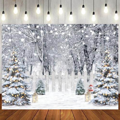 8x10ft Christmas Backdrop Winter Snow Forest White Fence Background Christmas Trees String Lights Lantern Snowman Photography Backdrop Holiday Party Banner Home Decor 115 - size: 10 x 8ft
