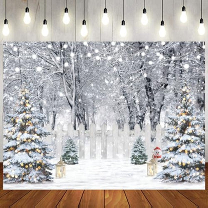 8x6ft Christmas Backdrop Winter Snow Forest White Fence Background Christmas Trees String Lights Lantern Snowman Photography Backdrop Holiday Party Banner Home Decor 115 - size: 8x6ft