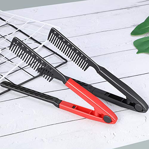 2 Pieces Flat Straightening Comb Salon Hair Brush Comb Hairdressing Styling Straightener V-shaped Straight Straightener(Red, Black) - color: Red, Black