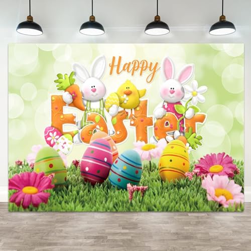 5x3ft Happy Easter Backdrop Bunny Rabbit Easter Eggs Flower Spring Garden Photography Background Green Grass Colorful Eggs Chick Daisy Party Decorations Banner Hello Spring Party Supplies - color: color 15, size: 5x3ft