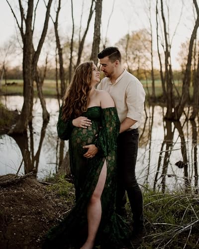 Saslax Soft Stretchy Lace Off Shoulder Doubly Split A-line Skirt Maternity Dress Pregnancy Maxi Gown for Photoshoot - color: Green, size: Small