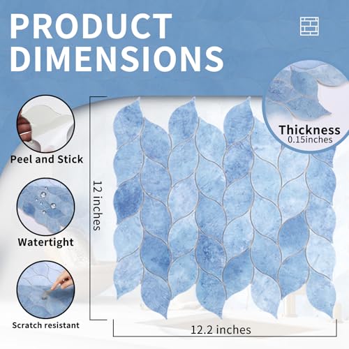 Tilingview 10-Sheet Peel and Stick Backsplash Tile for Kitchen, Self-Adhesive Mosaic Glossy Leaf Stick on Wall Tile with Gaps (Sky Blue) - color: Leaf Gaps Sky Blue