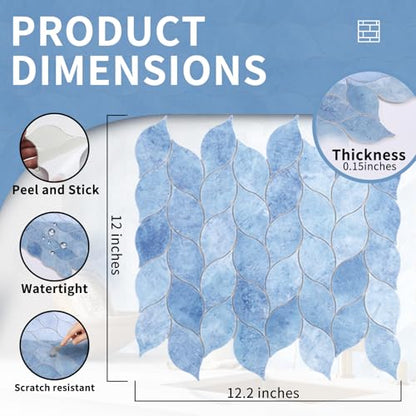 Tilingview 10-Sheet Peel and Stick Backsplash Tile for Kitchen, Self-Adhesive Mosaic Glossy Leaf Stick on Wall Tile with Gaps (Sky Blue) - color: Leaf Gaps Sky Blue